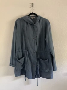 FLAX Designs Boardwalk Jacket Women’s Size S Hooded Linen Button Front Blue - Picture 1 of 10