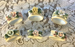 6 Vintage Table Napkin Ring/Holders Glazed White Ceramic/Porcelain - Floral - Picture 1 of 5