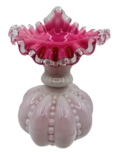 Vtg Fenton Jack in the Pulpit Pink White Cased Beaded Melon Vase 6 3/4” Tall - Picture 1 of 6