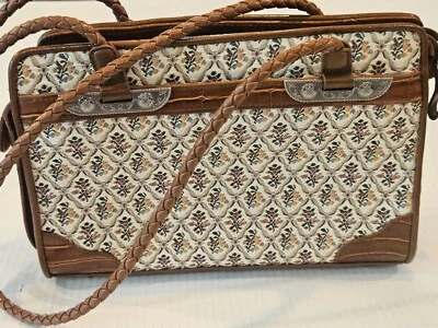 Nuevo Bolso de Mano Bueno Tapiz Floral Tela Tejida Cuero Marrón Plata Metal Acento Foto 1 de 4