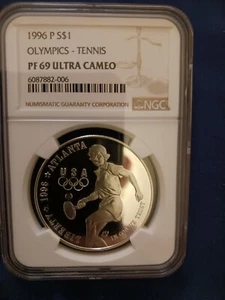 1996 P PF 69 OLYMPICS TENNIS SILVER DOLLAR NGC - Picture 1 of 2