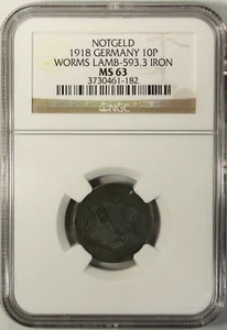 Germany 10 Pfennig 1918 NGC MS 63 UNC Iron City of Worms Lamb-593.3 Notgeld - Picture 1 of 4