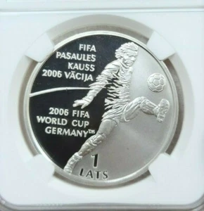 2004 LATVIA SILVER 1 LATS S1L WORLD CUP SOCCER NGC PF 69 ULTRA CAMEO TOP POP - Picture 1 of 4