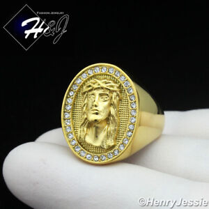 MEN Stainless Steel Bling CZ Gold Plated 3D Jesus Face Oval Ring Size 7-13*GR148