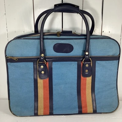 Mala de viagem vintage década de 1970 azul de lona Softside 21 x 15 x 5 - Imagem 1 de 4