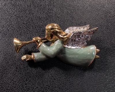 Broche Herald Ángel Volador con Cuerno Gris Esmalte Navidad Sin Marca 2 pulgadas Foto 1 de 4