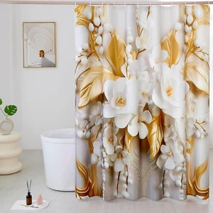 Elegant Gold & White Floral Shower Curtain, Waterproof 72x72 Inch Set - Picture 1 of 12