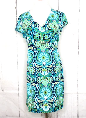 Jones New York Signature Short Sleeve Faux Wrap Dress Blue Green Floral Size PM - Image 1 of 4