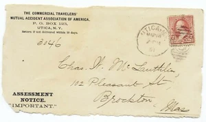 USA 1891 Werbung Mail Cover Accident Association #220 Utica New York to MA XQ - Bild 1 von 3