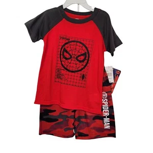 Marvel Spider-Man Boys Red & Black 2-Piece Outfit T-Shirt & Camo Shorts Size 4T - Picture 1 of 15