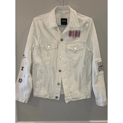 Chaqueta de mezclilla blanca para hombre ZARA talla S código de barras arte abstracto estampado gráfico ropa de calle Foto 1 de 4