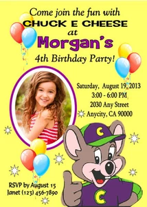 CHUCK E CHEESE CUSTOM BIRTHDAY PARTY INVITATION & FREE THANK YOU CARD - Picture 1 of 2