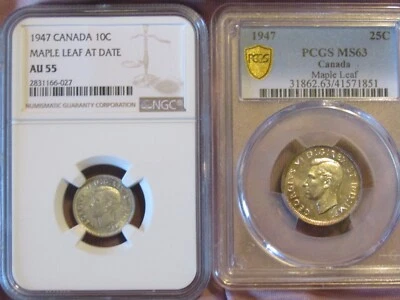 1947 CANADA SILVER 25 CENTS  ML & 10 CENTS  ML..NGC  AU-55  &  PCGS  MS-63 - Image 1 of 4