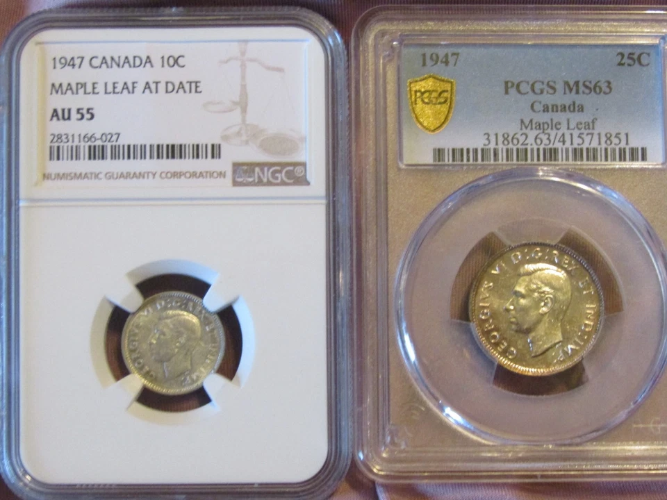 1947 CANADA SILVER 25 CENTS  ML & 10 CENTS  ML..NGC  AU-55  &  PCGS  MS-63 - Image 1 of 4