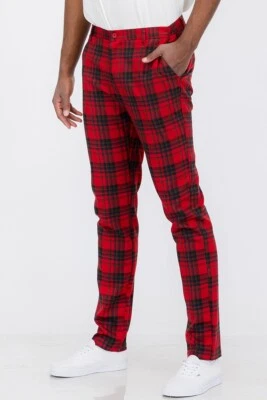 Mens Checker Slim Fit Plaid Checkered Pants Stretch Casual Work Pants Trousers - Image 1 of 3