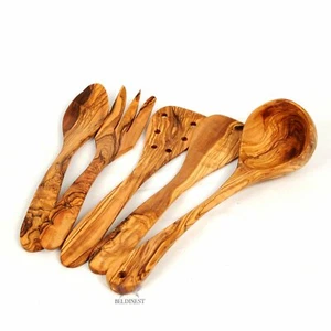 Handmade Olive Wood Set of Five and Ladle Fork Slim Spoon 2 spatulas and Ladle - Picture 1 of 1