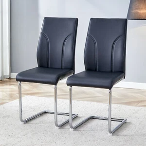 2 Set Dining Chairs High Back PU Leather Kitchen Side Chairs W/ Metal Legs Black - Picture 1 of 11