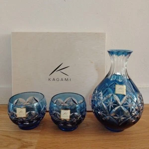 Kagami Clistal Edo Kiriko Japanese Sake Set Bottle H 13cm Cup H 5cm - Picture 1 of 2