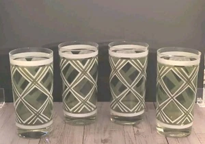 4 VTG Georges Briard Green White Plaid Highball Cocktail Tumbler Glasses 5.5"🟢⚪ - Picture 1 of 7