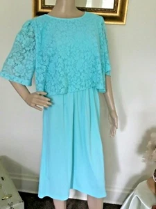 70's Vintage Aqua Lace Overlay Short Sleeve Dress - Picture 1 of 6