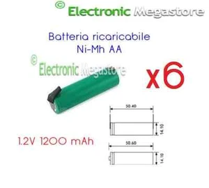 PACCO BATTERIA X 6 AA RICARICABILE Ni-Mh 1,2V 1200 mA CON LAMELLE A SALDARE - Foto 1 di 1