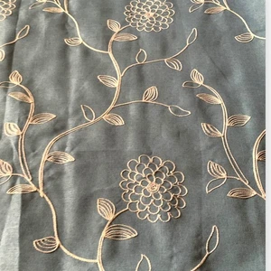 NWOT Chambray Blue Fabric Shower Curtain White Embroidered Floral Print - Picture 1 of 7