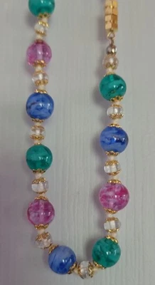 VINTAGE Italian Venetian Murano  Pink, blue green, white art glass bead necklace - Image 1 of 4