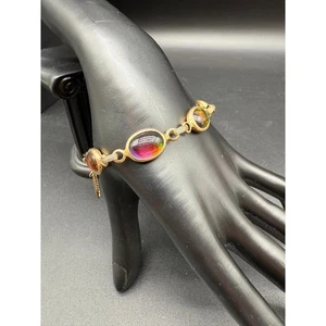 Vintage Sarah Coventry Rainbow Art Glass Cabochon Gold Tone Bracelet - Picture 1 of 6