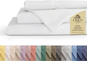 Linen Home 100% Cotton Percale Sheets King Size, White, Deep King, White - Picture 1 of 9