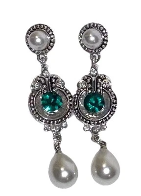 Nuevo estilo Art Deco brillante plata verde esmeralda gota con gotas de perlas de imitación Foto 1 de 4