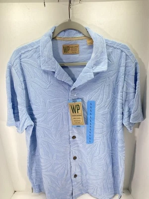 Weatherproof Terry Cloth Cabana Shirt Men Large Blue Leaf Textured Button NWT - Image 1 of 4