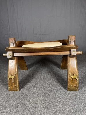 Vintage Wooden Camel Saddle Folding Stool Ottoman Brass Camel Accents Arabian - Image 1 of 4