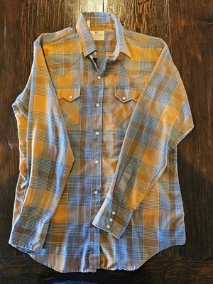 De colección. Camisa Occidental Años 70 DEE CEE Marrón Diente de Sierra Perla A Presión Cuadros LS Para Hombre XL 16-35 Foto 1 de 4