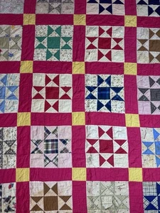 Vintage Early Sawtooth Star Handmade Quilt 74” 64” Red Yellow Cutter Damaged - Picture 1 of 24