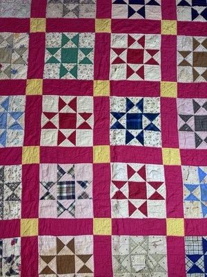 Vintage Early Sawtooth Star Handmade Quilt 74” 64” Red Yellow Cutter Damaged - Image 1 of 4