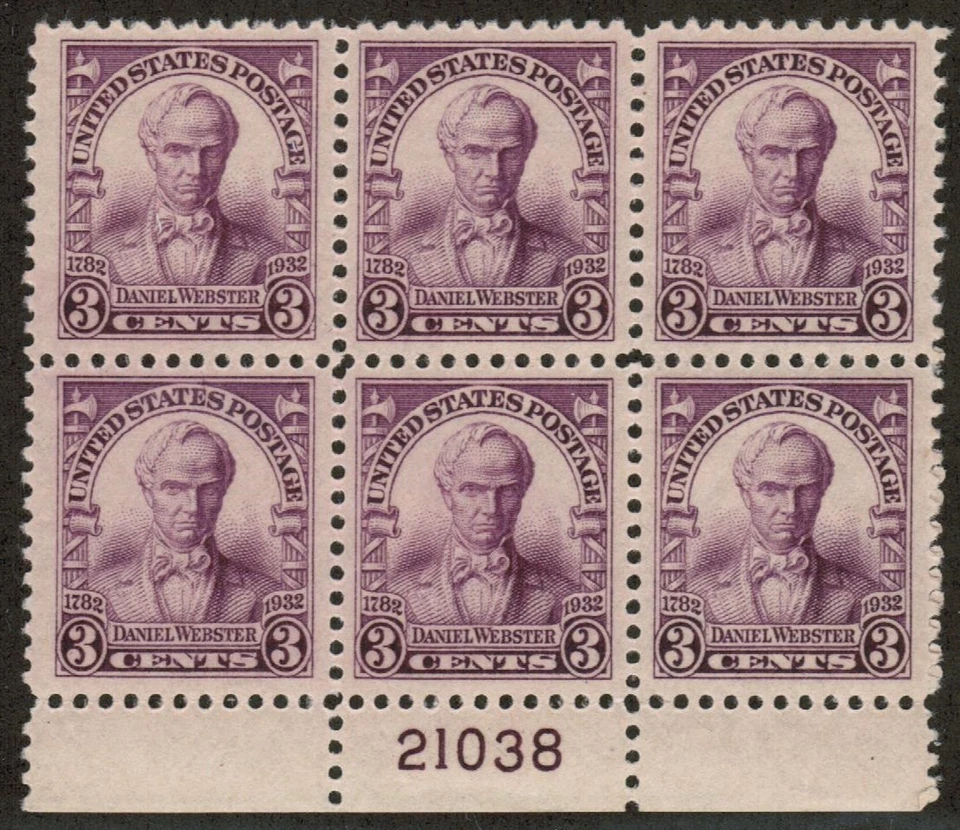 US USA Sc# 725 MNH FVF PLATE # BLOCK Daniel Webster Statesman Senator Attorney - Image 1 of 1