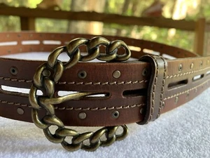 Italy Leather Belt Womens Western Chain Buckle Brown Brass Studs Boho SZ Medium - Picture 1 of 7
