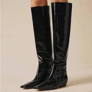 Black Square Toe Knee High Boot Wide Calf Low Chunky Heels Winter Long Boot - Picture 1 of 8