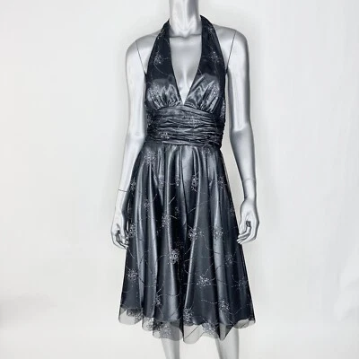Vestido de cóctel halter de tul negro subrayado satinado plateado, talla 6 Foto 1 de 4