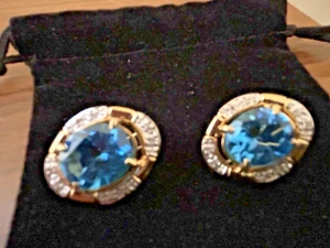 PENDIENTES BROCHE TOPACIO AZUL DISEÑO 14K - MARCO DIAMANTE - Imagen 1 de 5
