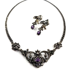 ADENSA Vintage Sterling Silver Jewelry Set Necklace Earrings Amethyst Victorian - Picture 1 of 14