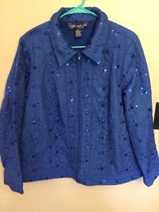 Susan Graver Style Jacket Women's XL Sequined Embroidered Festive Blue Zippered