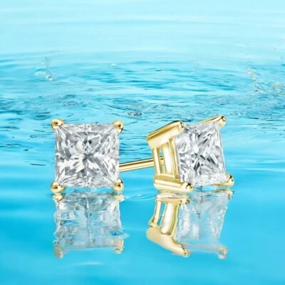 Princess Cut 2.00 Ct IGI Lab Created Diamond Stud Earrings 14K Yellow Gold  - Image 1 of 4