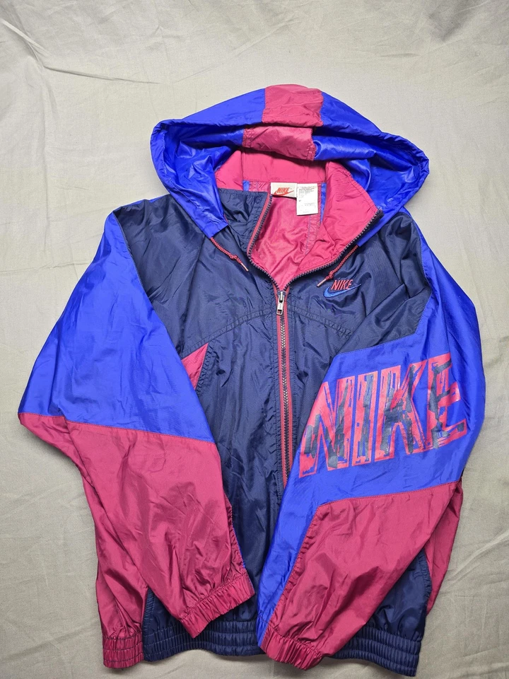 Vintage Nike Jacket Mens Large Blue Pink Hooded Windbreaker Colorblock 90s Nylon - Image 1 of 4