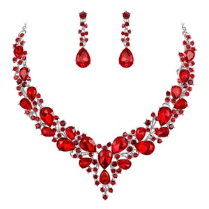 Wedding Jewelry Set: Crystal Teardrop Necklace & Earrings, Ruby Silver-Tone - Picture 1 of 6