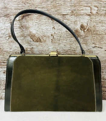 Vintage Deep Olive Green Vinyl & Suede Handbag 50s 60s Purse - Image 1 of 4