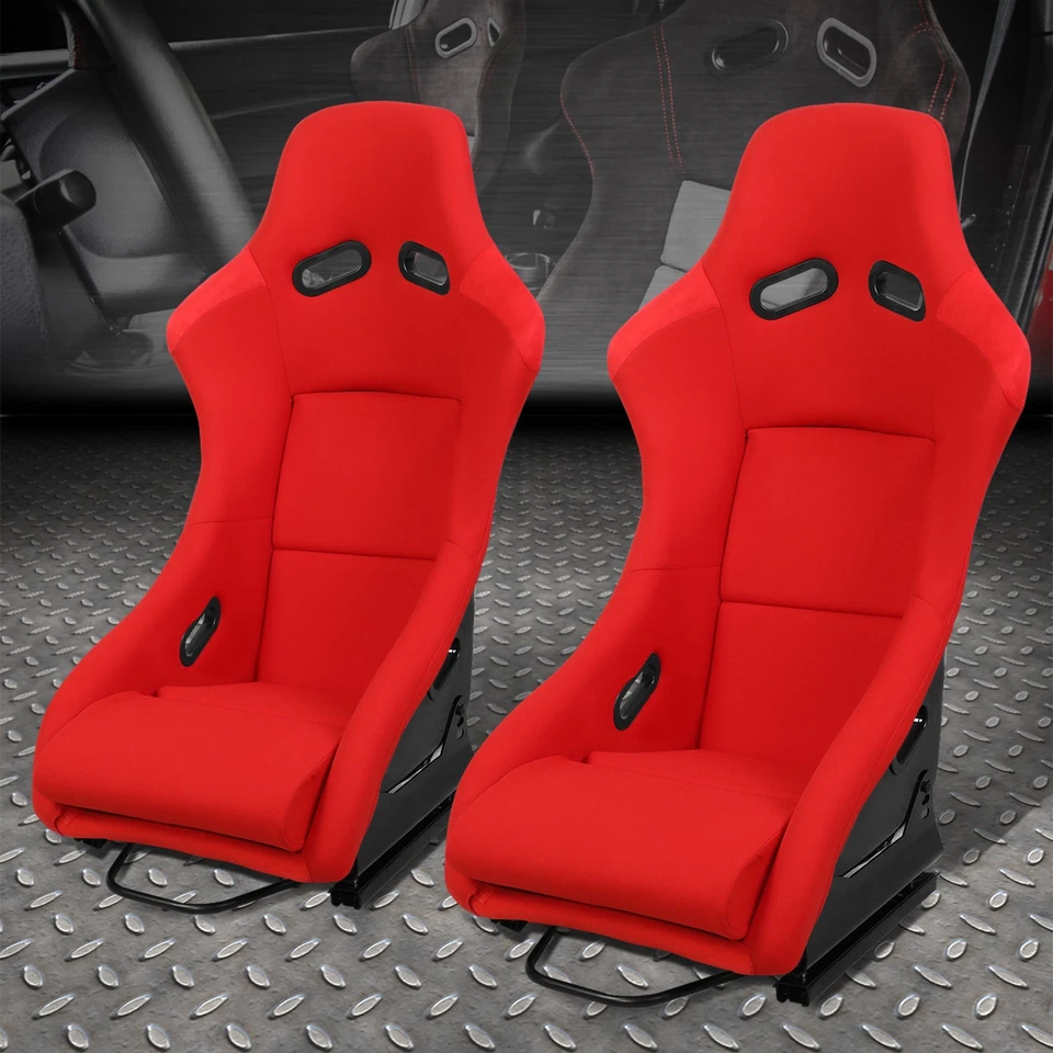 PAIR OF UNIVERSAL FIBERGLASS RED FABRIC FIXED POSITION RACING BUCKET SEAT L+R Foto 1 de 4