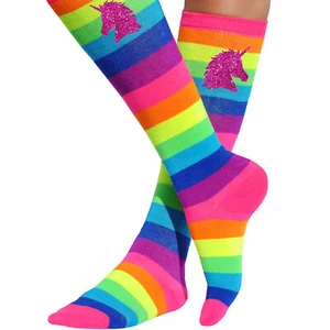 Pink Unicorn Neon Rainbow Knee High Socks Long Boot Sock Striped Stockings Women - Picture 1 of 2