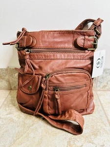 Scarleton | Soft Brown Faux Leather Multi Pocket Crossbody Handbag Brass | NEW! - Picture 1 of 12