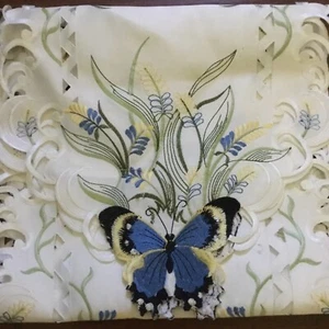 Table Runner White Embroidered Blue Butterflies Flowers Polyester Spring - Picture 1 of 9